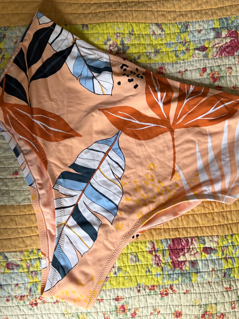 Peach Tropical Leaf High-Waist Bikini Bottom